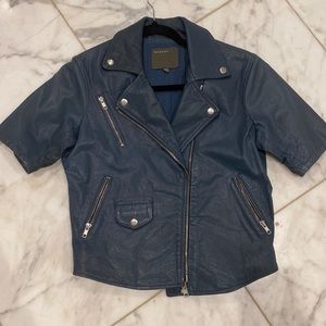 Muubaa Blue Leather short sleeve moto jacket